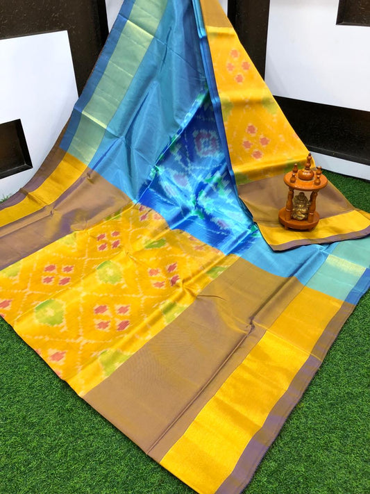 Saira | ikat design silk sarees - yellow & blue