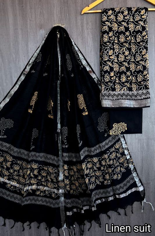 Gayathrie | Hand Block Printed Linen Suit Set with Linen Cotton Dupatta