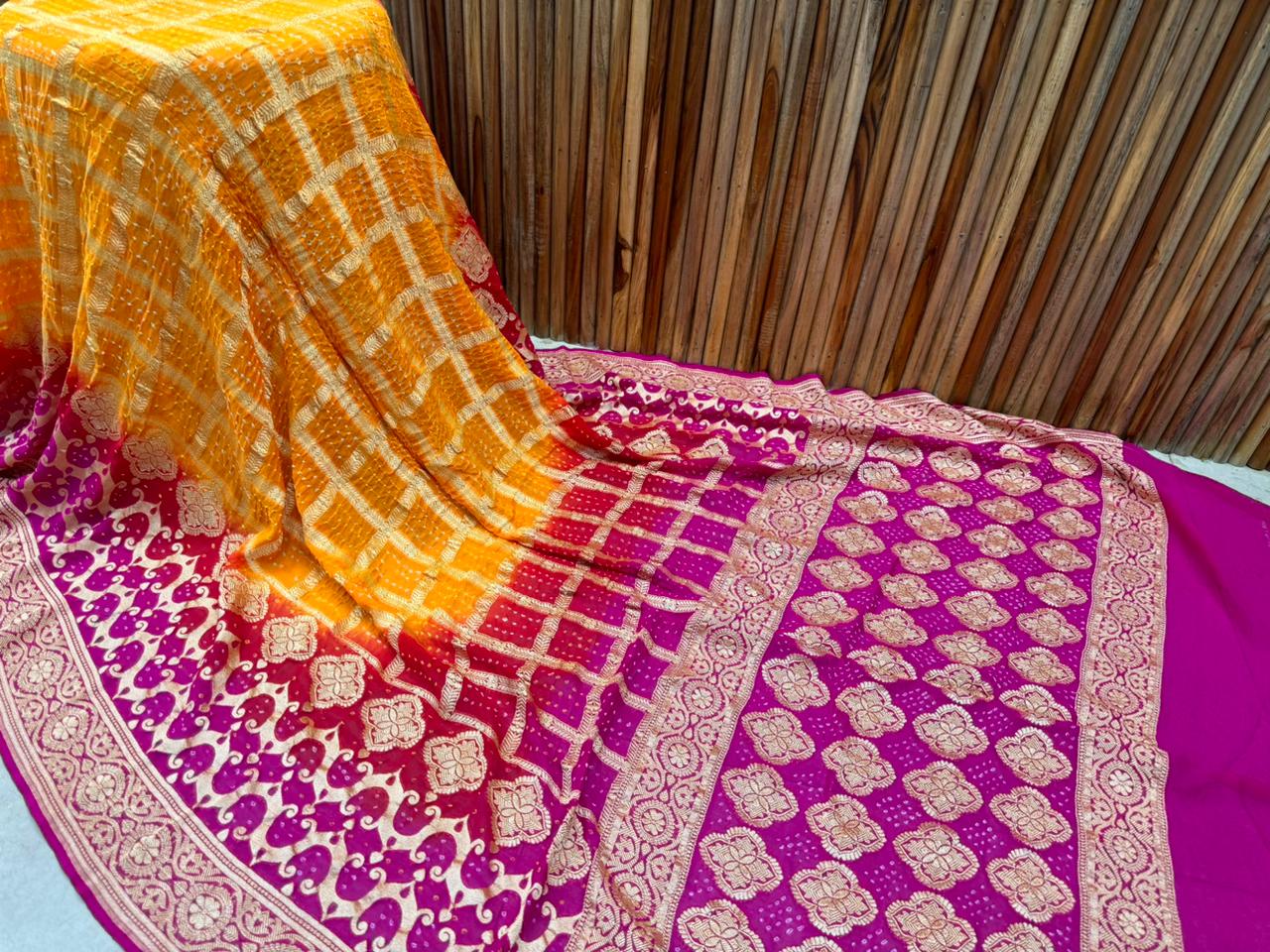 Kuljeet | Pure Banarasi Georgette Neem Zari Bandhej Sarees