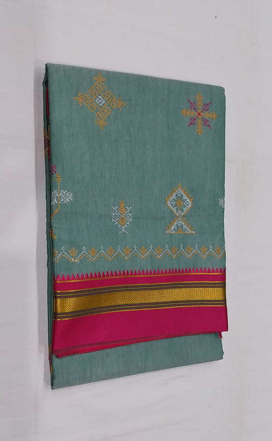 Laila | Karnataka Kasuti work cotton saree in Darkseagreen color
