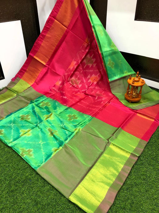 Saira | ikat design silk sarees - mediumspringgreen with crimson