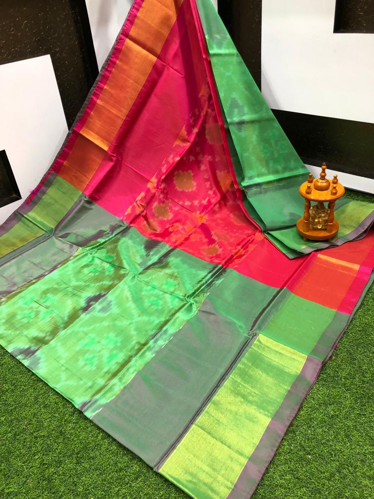 Saira | ikat design silk sarees - limegreen & red