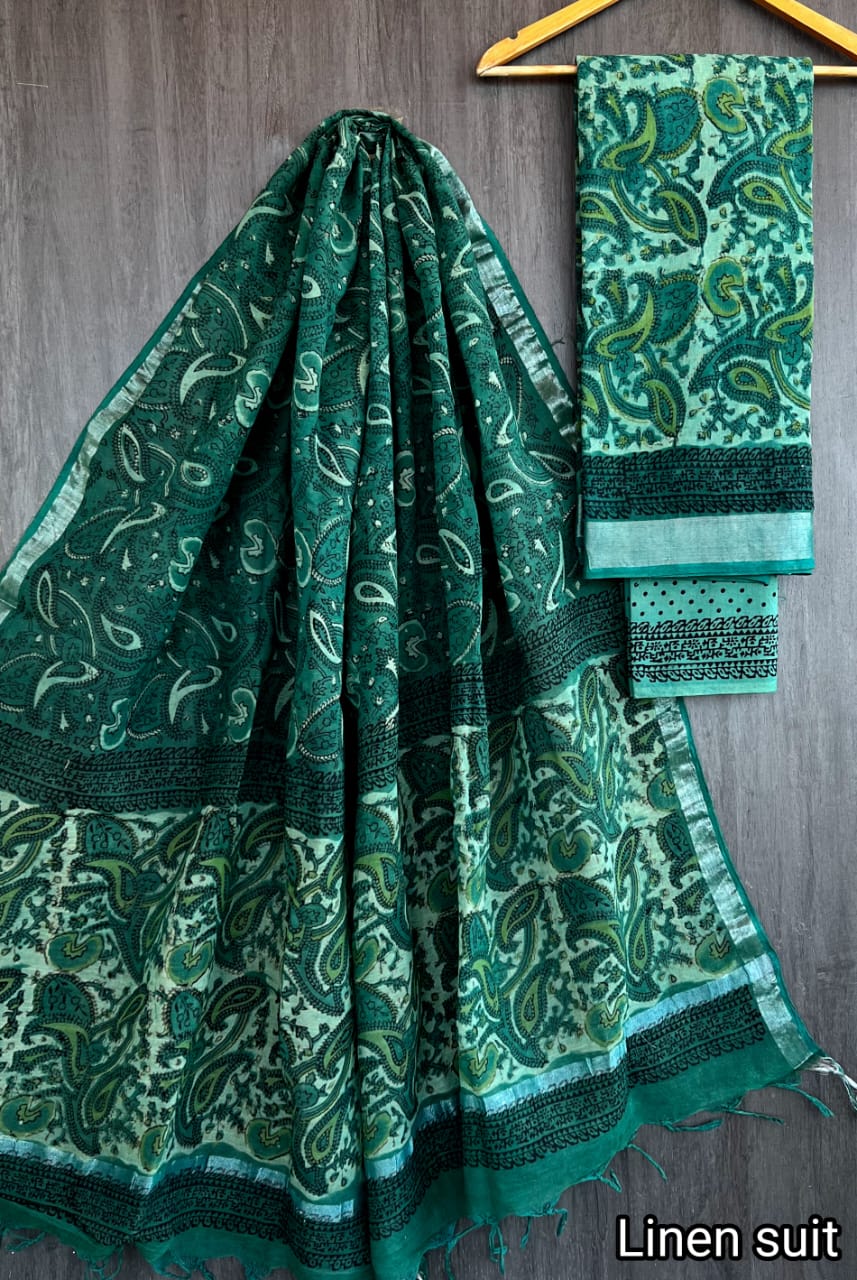 Dipannita | Hand Block Printed Linen Suit Set with Linen Cotton Dupatta