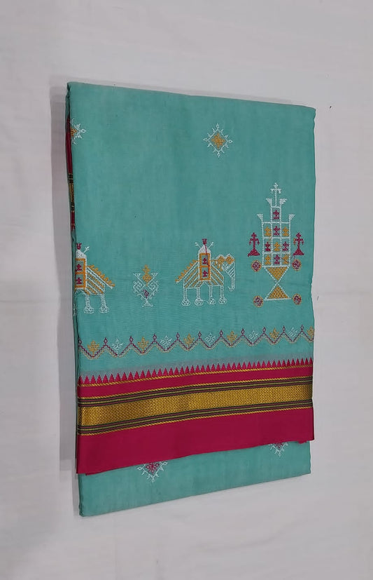 Maya | Karnataka Kasuti work cotton saree in darkturquoise color