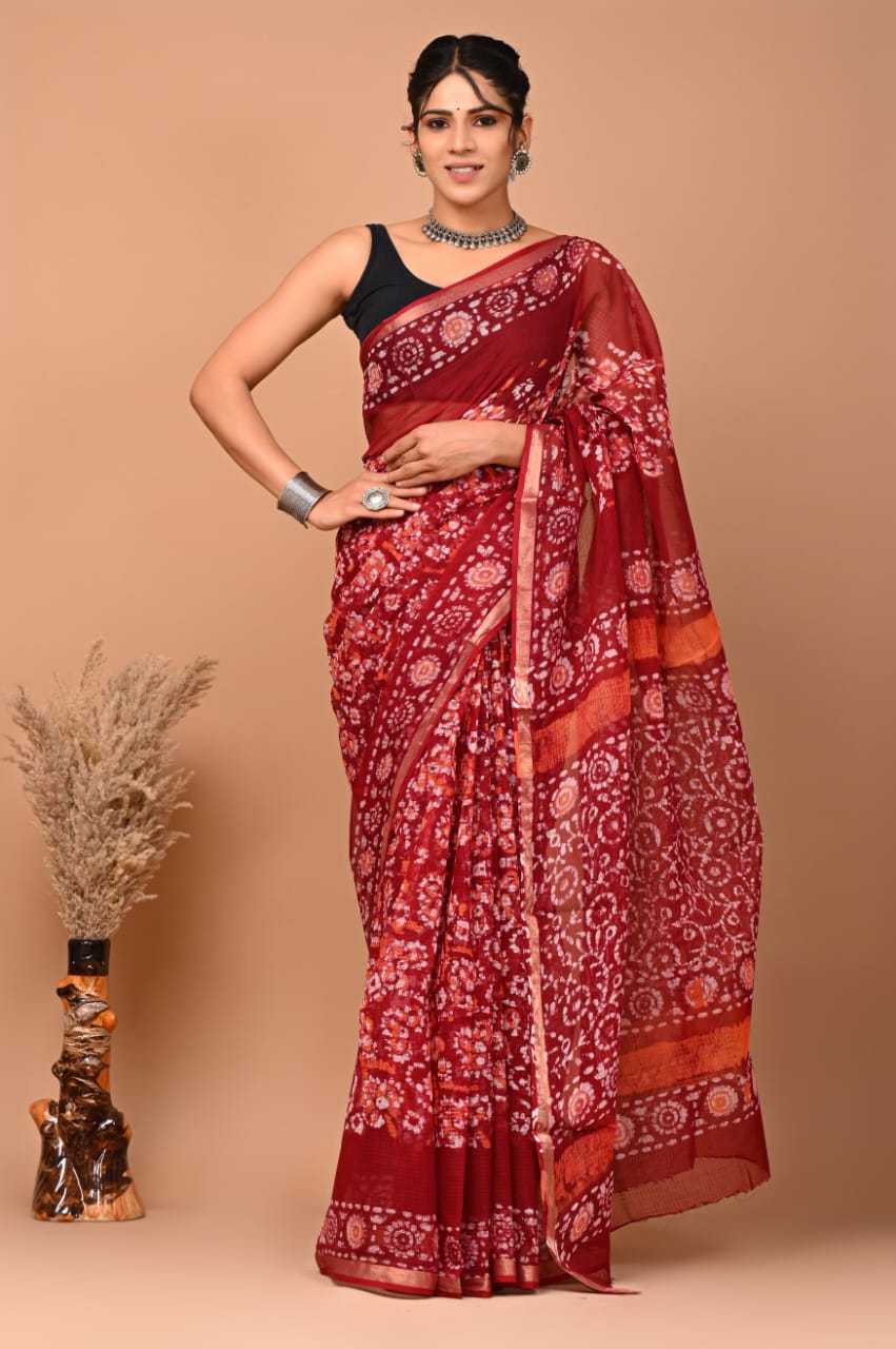 Malashri | Kota Doriya Saree with Bagru Prints