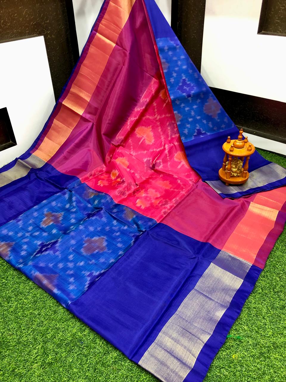 Saira | ikat design silk sarees - darkblue & pink