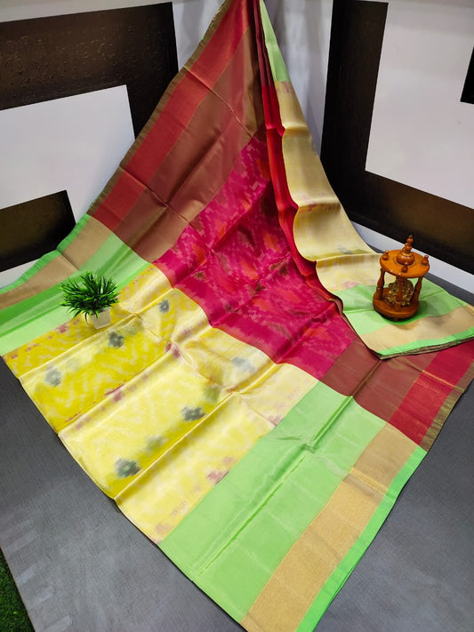 Saira | ikat design silk sarees - light yellow with crimson