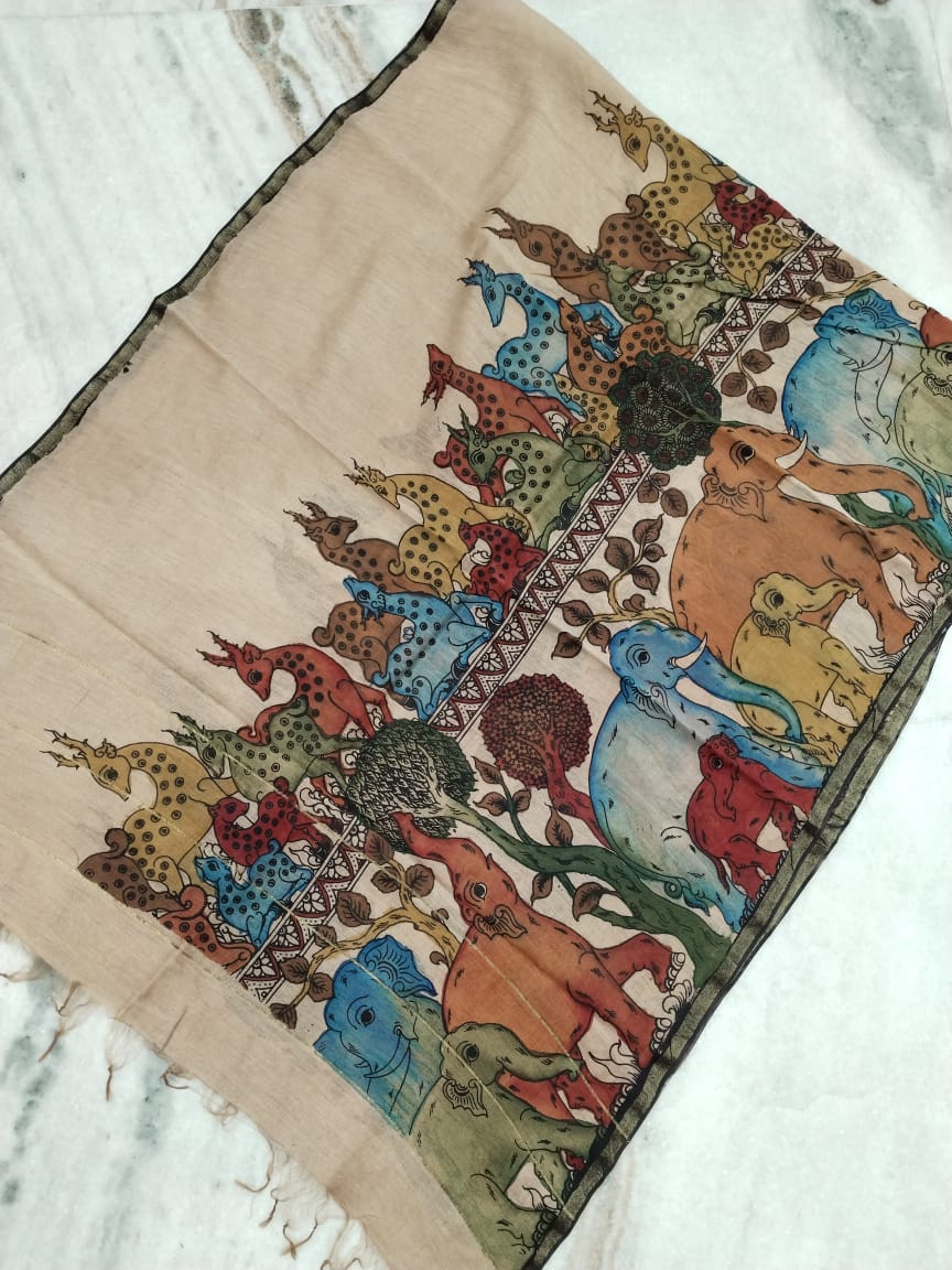 Chandani | Maheshwari silk dupatta traditional art pen kalamkari hand painted duppatta