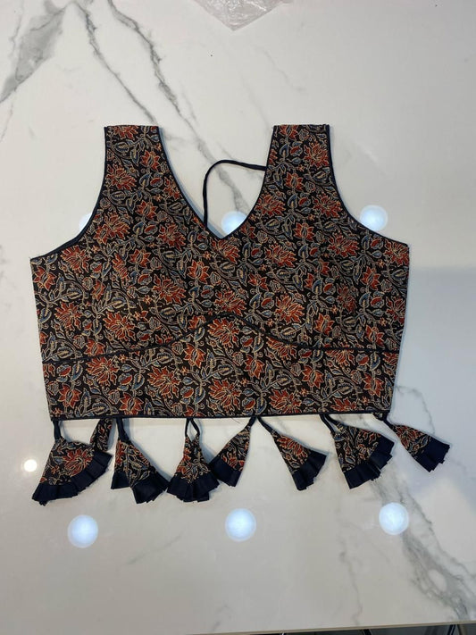 Shreyanvi | Ajrakh Block Print Blouses With Tassels