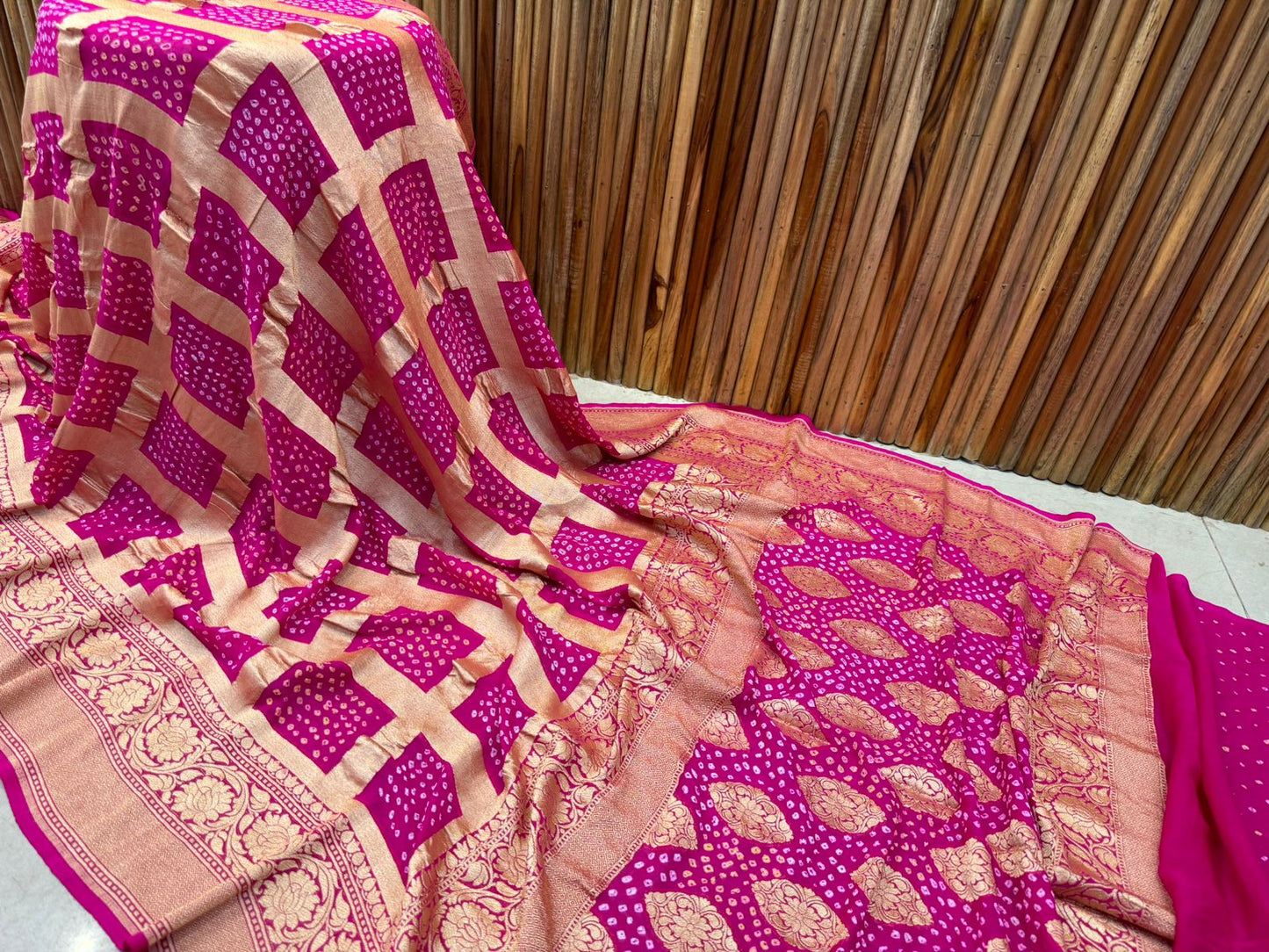 Kishori | Pure Banarasi Georgette Neem Zari Bandhej Sarees