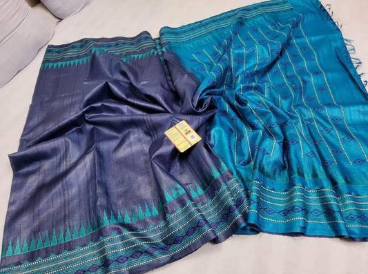 Pure tussar by  munga with beautiful temple embroidery design pallu and border silk handloom saree with blouse pc.
Available 
Best quality 
Silk mark tag 👈🏻
