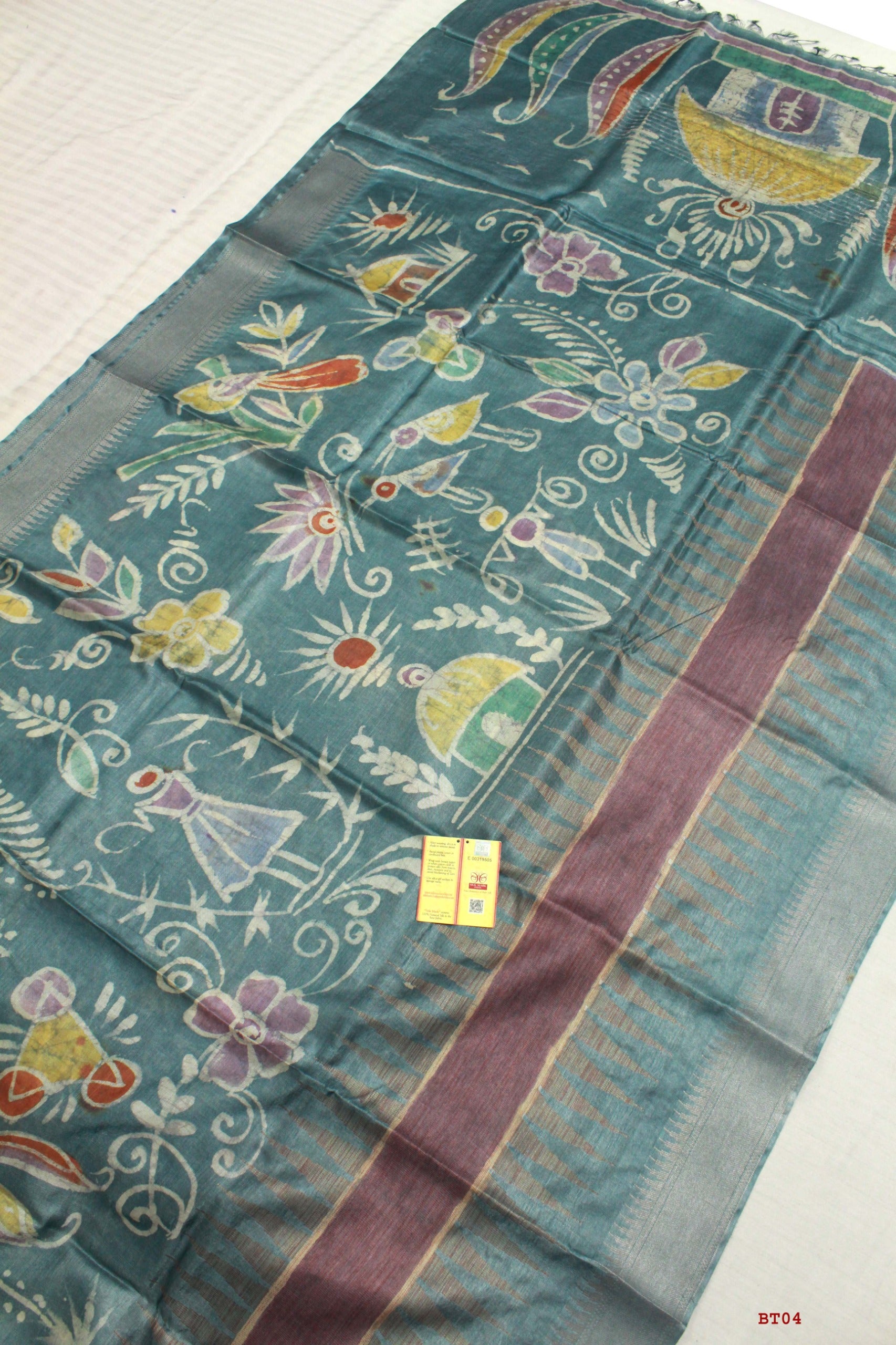 👆Pure Kosa Silk, Hand-batik Print Saree With Blouse Piece