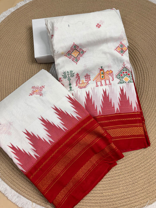 Material - Maserised cotton 
Border - Temple border, Chikki Paras
Saree Name -Tana warpa kasuti saree 
Pallu -Ilkal pallu
Blouse -contrast
Handloom -no
Saree length- 6.2