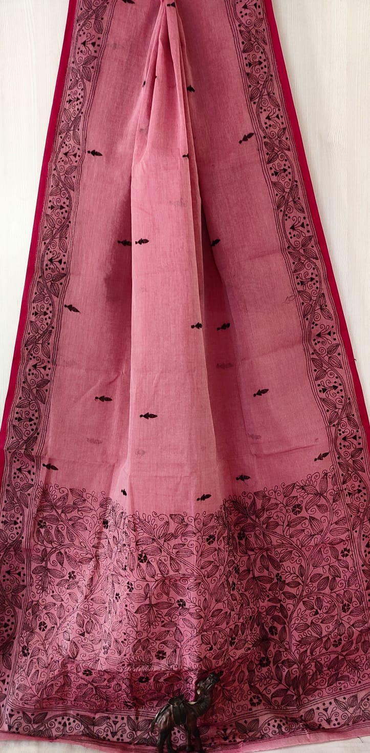 Hand Kantha on cotton pure cotton without blouse piece