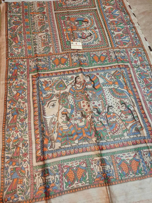 Fabric..Tussar by Ghicha with Beautiful All over Madhubani Hand paintingsilk sarees..
Premium quality and Fast delivery
Length 6.50 meter..Quality will be pure Handloom silk sarees..
