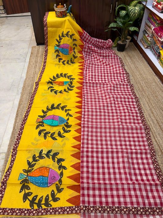 Boutique collection 
2 in one 

Hand painted & Dhonekhali Gamcha  Saree Patchwork (Half - Half) on premium Quality dhonekhali tant  With Kalamkari patchwork 