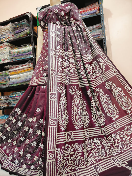 Traditional Shantiniketan hand Kanthastitch saree On 
Belendend bangalore silk Material 
With Kanthastitch Work Bp