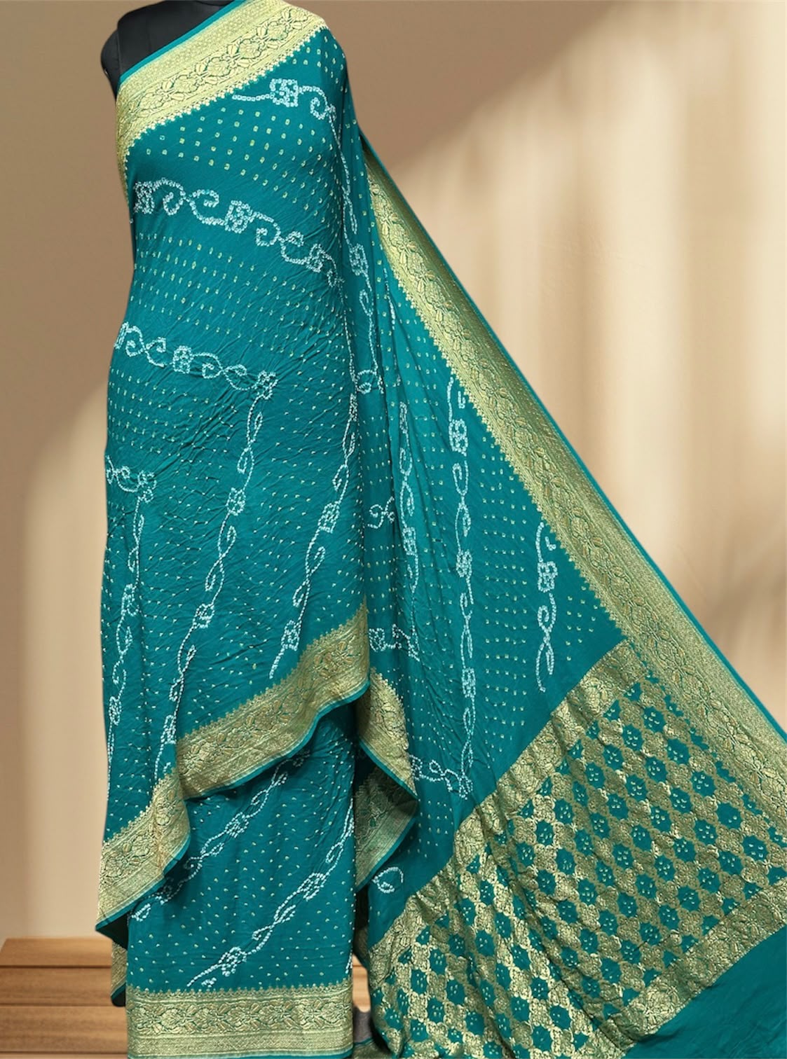 ** Banarasi Rai Bandhej Saree **

**Product Details:**
- **Fabric:** Khadi Georgette
- **Design:** Mix Pattern & Color, Real Nimzari, Beautiful Bandhej
- **Length:** 6.50 meters
- **Width:** 44-46 inches
- **Care:** Dry Clean Only