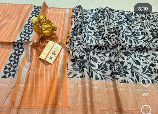 Screen print on gheecha tussar saree with silk mark