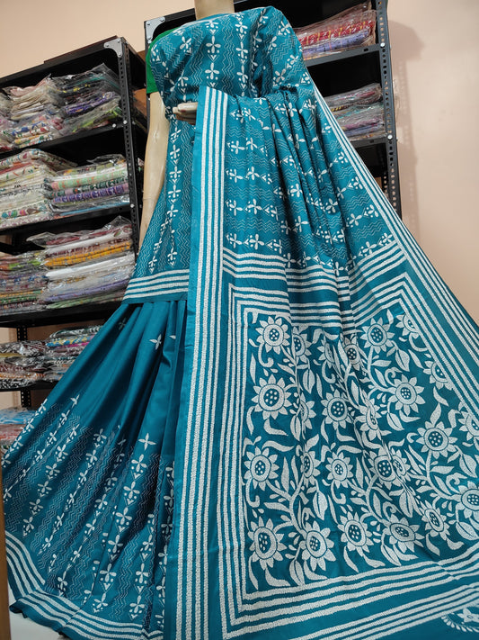 Traditional Shantiniketan hand Kanthastitch saree On 
Belendend bangalore silk Material 
With Kanthastitch Work Bp