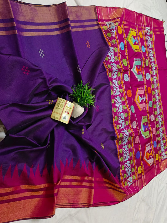 *Pure raw silk handloom temple border dolabedi pallu saree with contrast blouse*