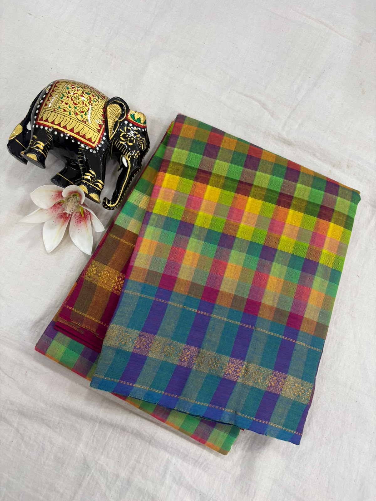 *Pure Mangalagiri Cotton Sarees*

*Saree Allover Multi Colour Checks*

*Pallu and Blouse Contrast*