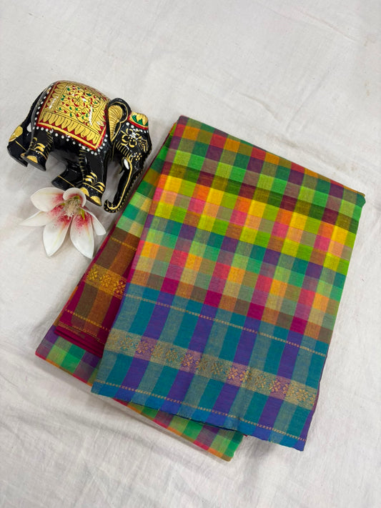 *Pure Mangalagiri Cotton Sarees*

*Saree Allover Multi Colour Checks*

*Pallu and Blouse Contrast*