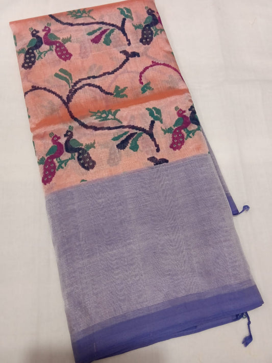 Hand woven mangalagiri (LT) 3D silk cotton screen print sarees without zari border 
Blouse : 80 cm contrast 