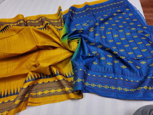 Pure tussar by  munga with beautiful temple embroidery design pallu and border silk handloom saree with blouse pc.
Available 
Best quality 
Silk mark tag 👈🏻