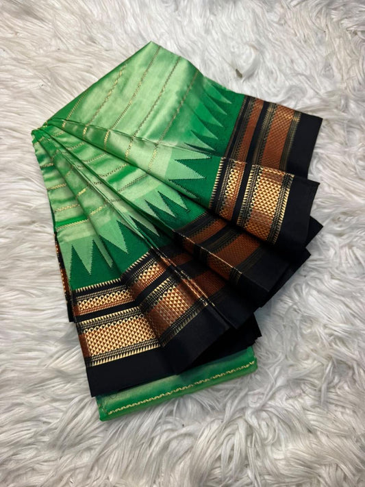 Material - pure silk 
Border - chikki paras
Saree Name -ilkal pure silk horizontal and also vertical stripes jari with temple border saree
Pallu -silk pallu
Blouse -contrast
Handloom -yes
Saree length- 6.2