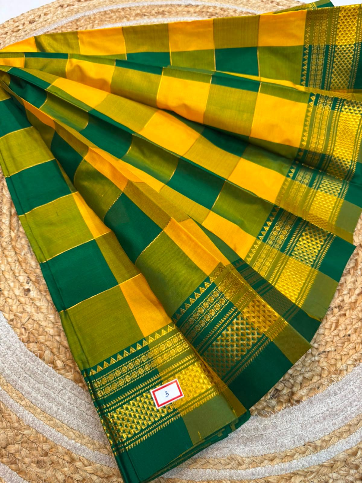 *ILKAL SAREE WITH SILK MARK* 

Exclusive premium quality pure silk Multi colour checks with zari lines design ilkal saree With Fancy Temple design Jari Pallu and contrast blouse 
6.10mtrs length 
Premium quality ilkal saree 
