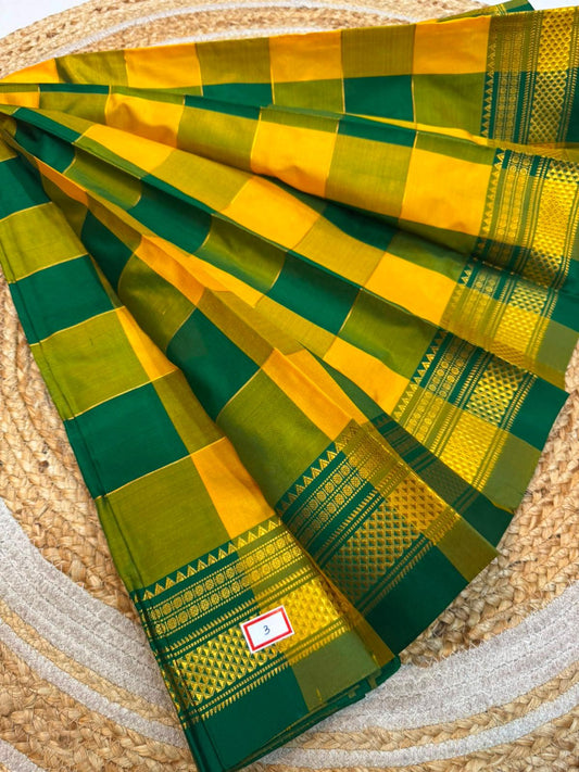 *ILKAL SAREE WITH SILK MARK* 

Exclusive premium quality pure silk Multi colour checks with zari lines design ilkal saree With Fancy Temple design Jari Pallu and contrast blouse 
6.10mtrs length 
Premium quality ilkal saree 
