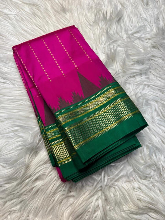 Material - pure silk 
Border - chikki paras
Saree Name -ilkal pure silk horizontal and also vertical stripes jari with temple border saree
Pallu -silk pallu
Blouse -contrast
Handloom -yes
Saree length- 6.2