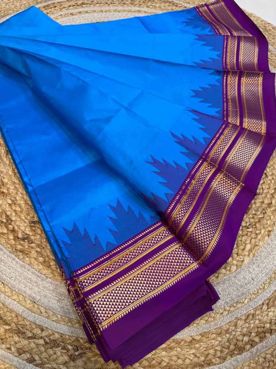 
*Big Temple Border Ilkal*

Exclusive silk ilkal saree 
Pure silk big temple border design superior quality ilkal saree
With contrast blouse 
6.10mtrs length 
Full body pure silk Border, pallu & blouse semi silk 