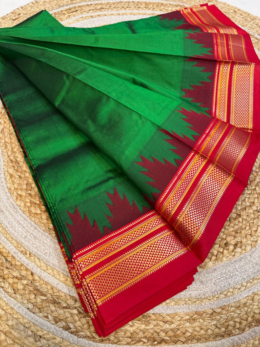 
*Big Temple Border Ilkal*

Exclusive silk ilkal saree 
Pure silk big temple border design superior quality ilkal saree
With contrast blouse 
6.10mtrs length 
Full body pure silk Border, pallu & blouse semi silk 