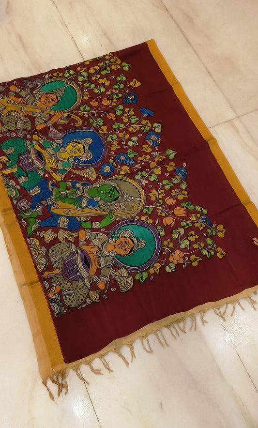 *Mangagiri silk duppatas* 
*Pen kalamkari* 
*Hand drawn hand painted* 
*Length 2.25 mtr*
*Width: 36 inch* 