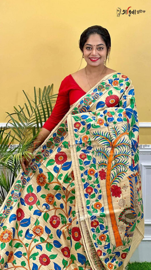 Fabric..Tussar by Ghicha with Beautiful All over Madhubani Hand paintingsilk sarees..
Premium quality and Fast delivery
Length 6.50 meter..Quality will be pure Handloom silk sarees..
