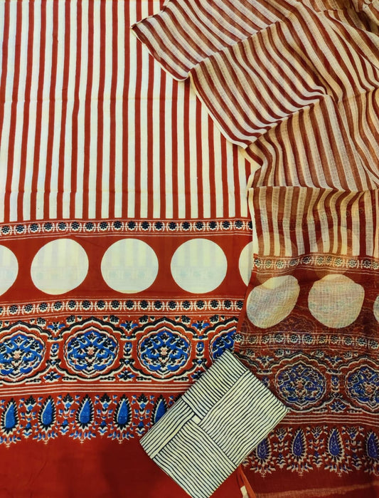 Block printed cotton suit with kota doriya duppta 
Top @ bottom *cotton*
Duptta  *kota doriya*