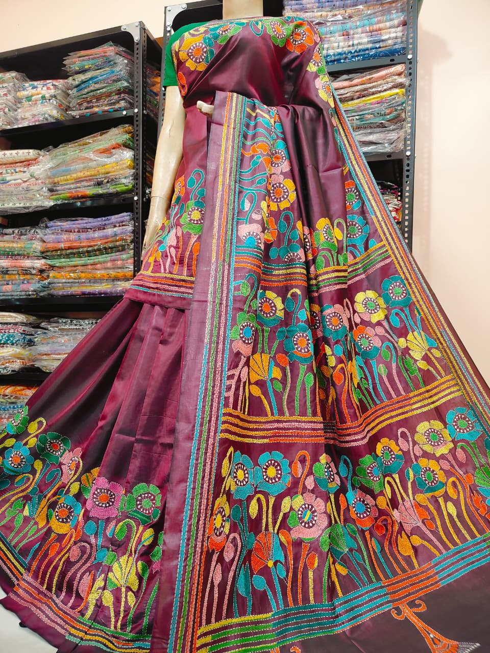 Handmade kantha on blended silk