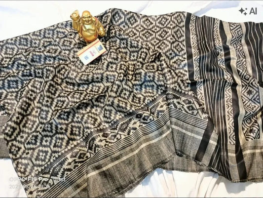Screen print on gheecha tussar saree with silk mark