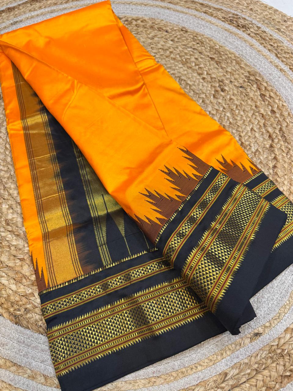 
*Big Temple Border Ilkal*

Exclusive silk ilkal saree 
Pure silk big temple border design superior quality ilkal saree
With contrast blouse 
6.10mtrs length 
Full body pure silk Border, pallu & blouse semi silk 