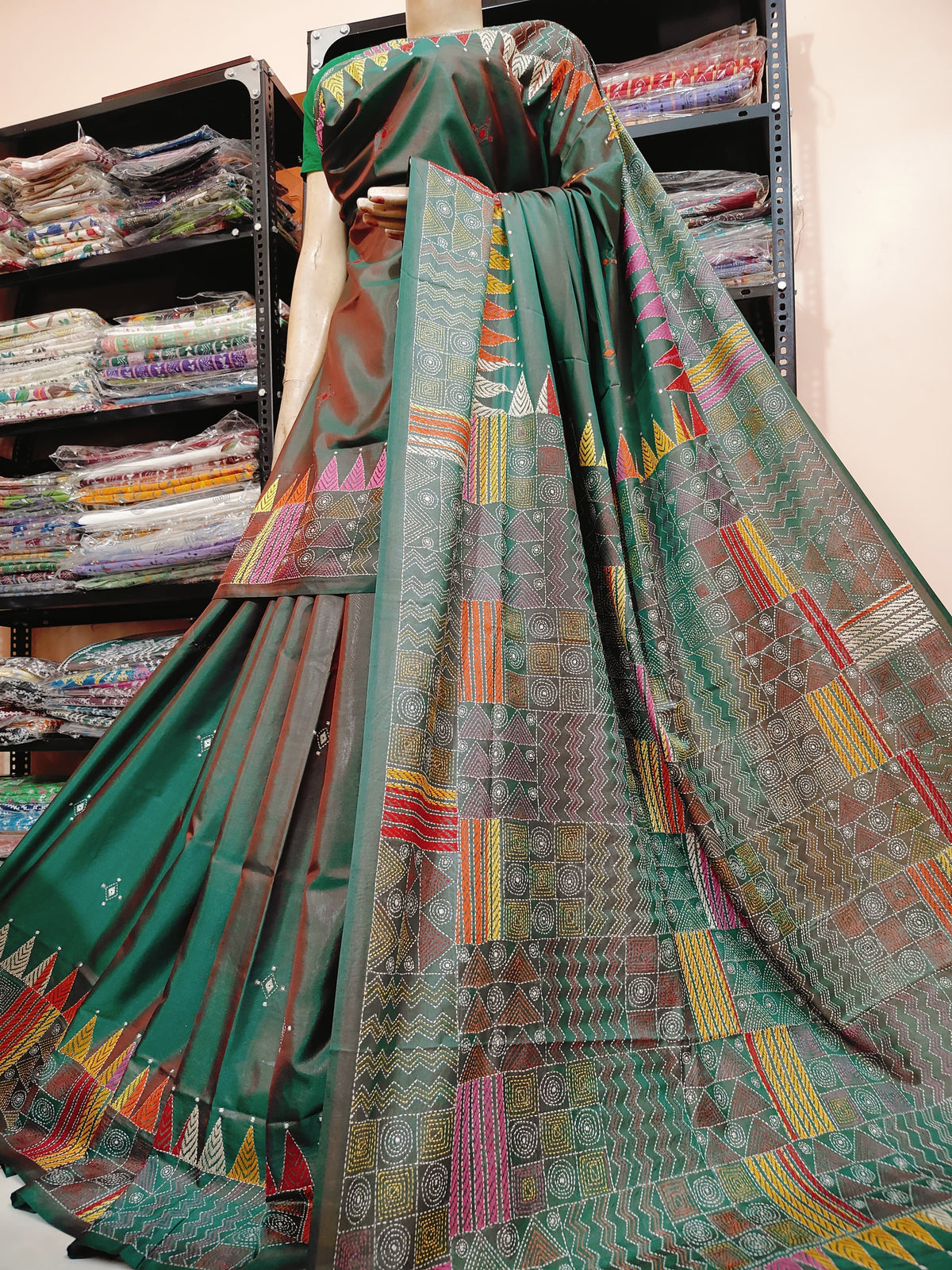 Traditional Shantiniketan hand Kanthastitch saree On 
Belendend bangalore silk Material 
With Kanthastitch Work Bp