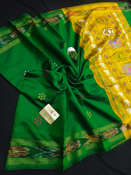 pure raw silk zari ikkat  border body buta design saree dolavedy contrast pallu with contrast blouse saree*
 raw silk saree
silk mark certified
handloom weaved
