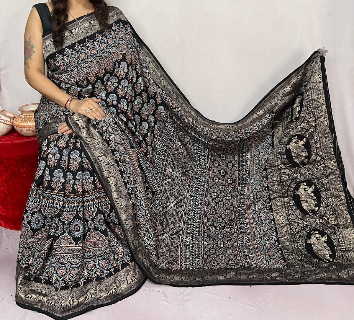 Doviki | Ajrakh Saree on Dola Silk
