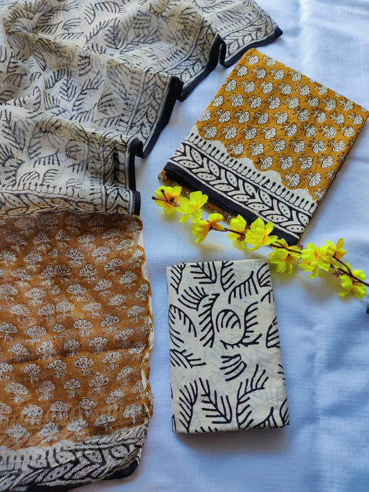 Now new arrivals 

Block printed cotton suit with kota doriya duppta 

Top @ bottom *cotton*
Duptta  *kota doriya*