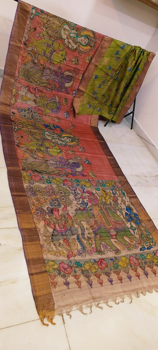 Pen kalamkari on tussar silk
pure desi tussar silk hand painted saree