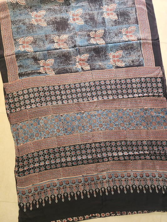 Modal sadi 
Ajrakh hand block print Saree Available....