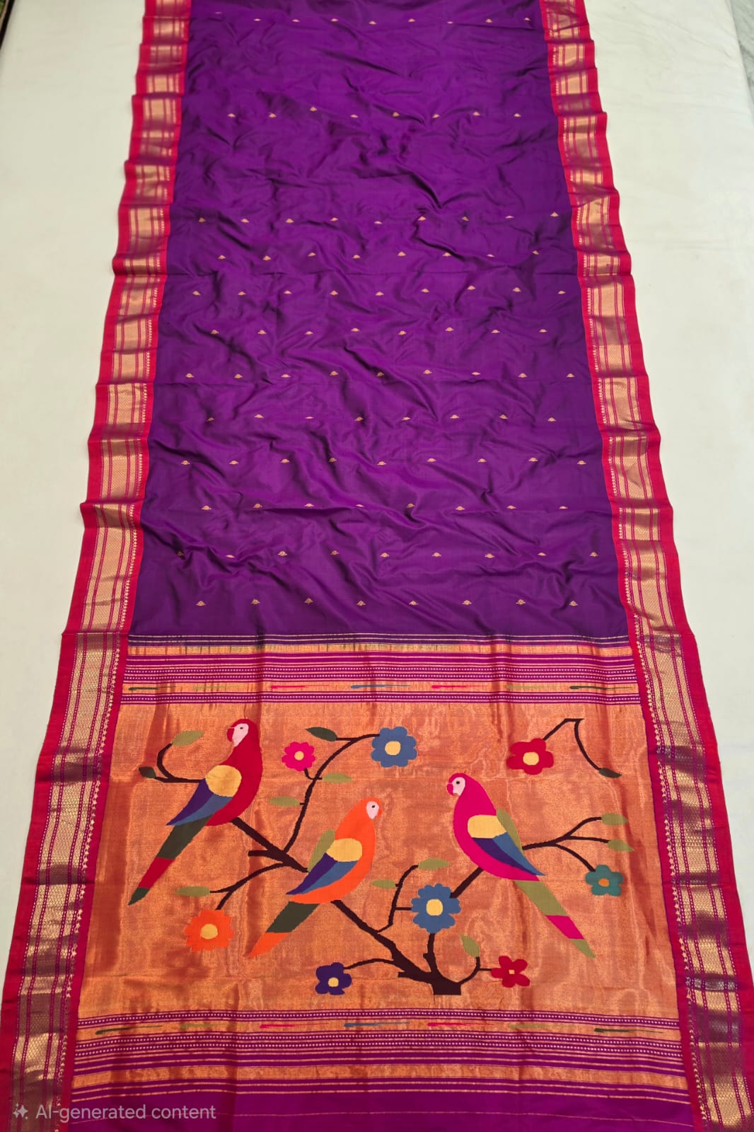*Yeola Paithani*
Pure Silk 
Fancy pallu 
💯 Handwoven 
Silkmark Certified 
Shoulder Buttis 
Quality Weaving 👌🏼 
With Running Blouse 
