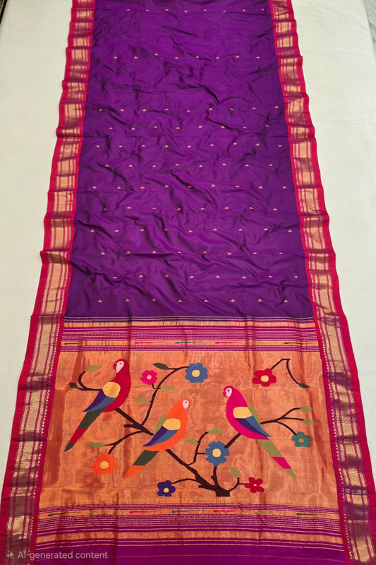*Yeola Paithani*
Pure Silk 
Fancy pallu 
💯 Handwoven 
Silkmark Certified 
Shoulder Buttis 
Quality Weaving 👌🏼 
With Running Blouse 

