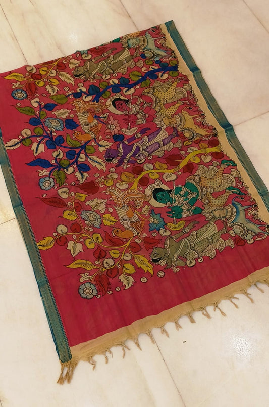 *Mangagiri silk duppatas* 
*Pen kalamkari* 
*Hand drawn hand painted* 
*Length 2.25 mtr*
*Width: 36 inch* 